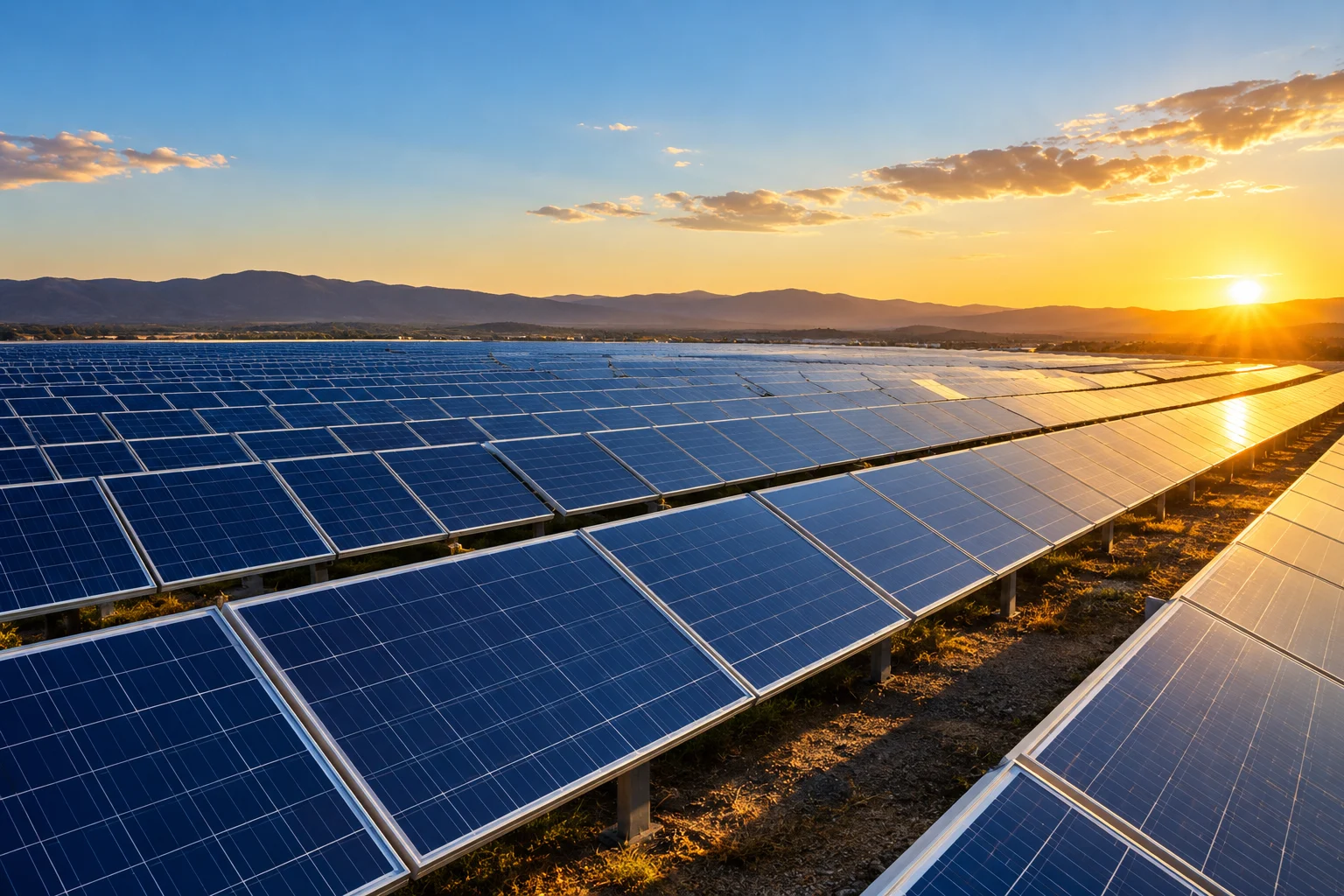 AI-generated application visualization of photovoltaic modules at sunset