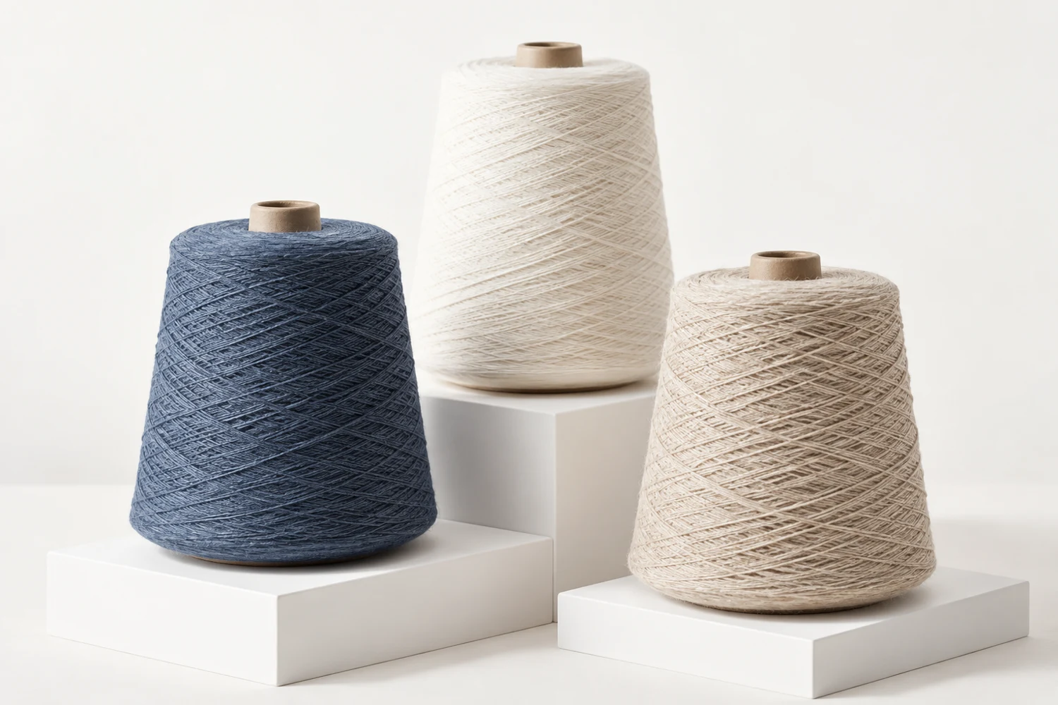 AI-generated visualization of cream, blue and natural-coloured yarn cones